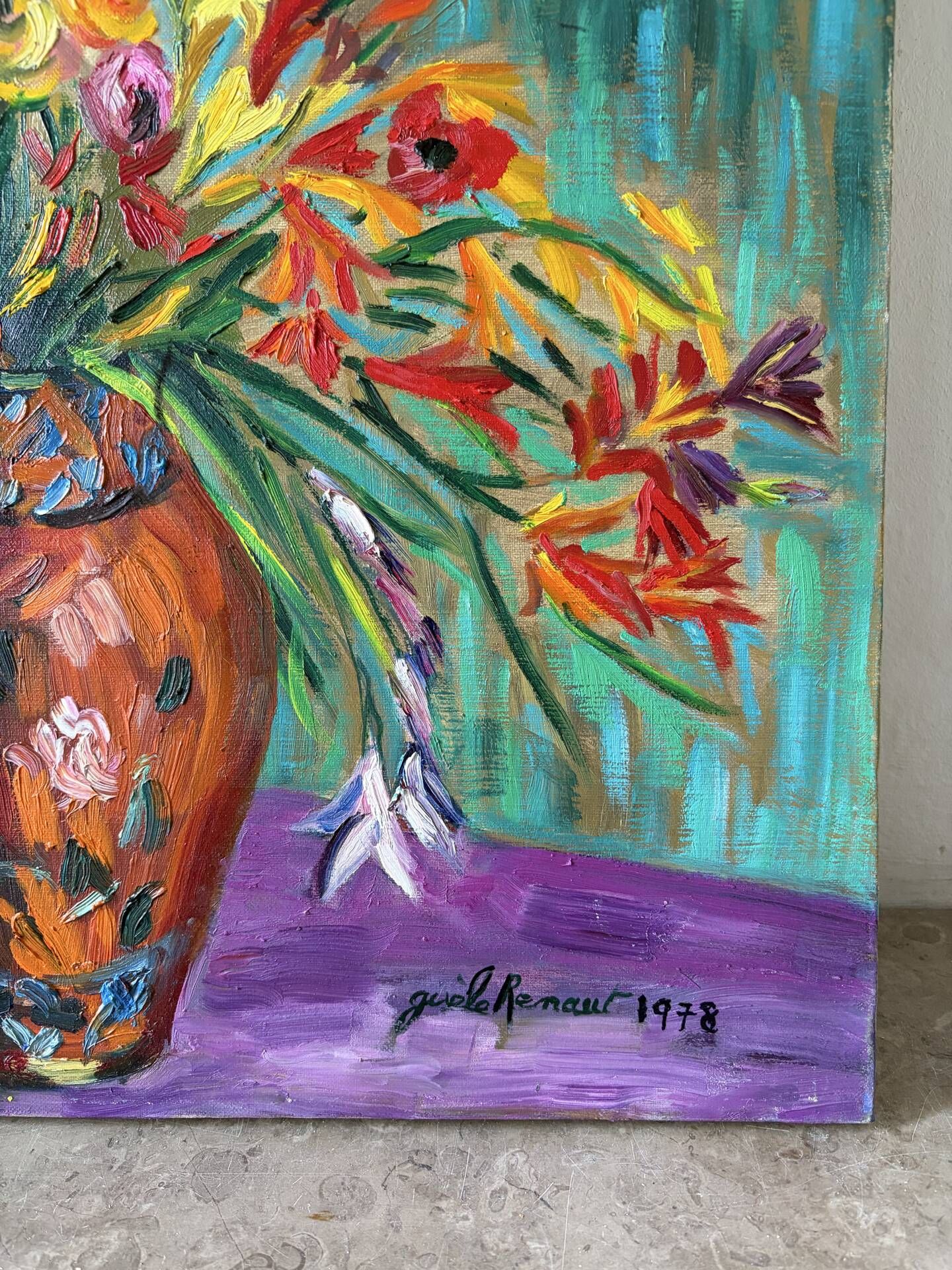 Tulips and iris, oil on canvas signed Gisèle Renaut 1978