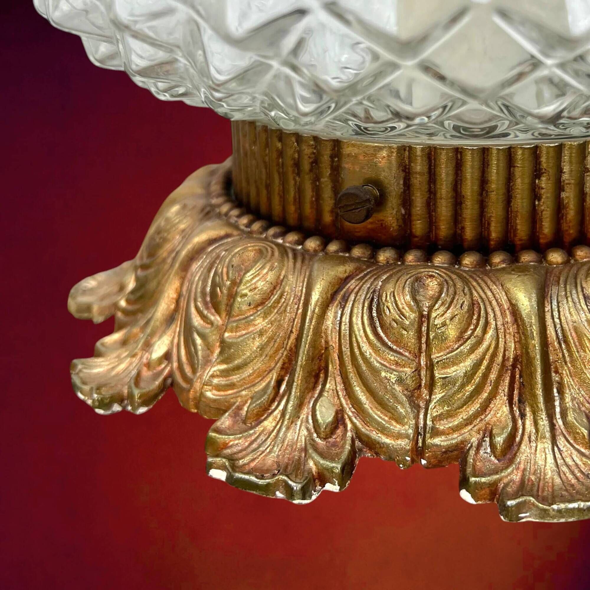 Pair of Massive Belgium ceiling lights in pressed glass and gold metal – late 1960s