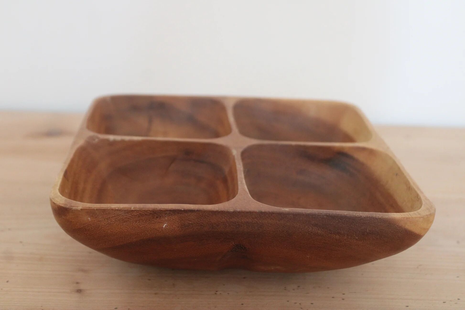 Vintage exotic wood aperitif platter – 4-compartment monkey pod style dish