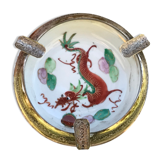 Cendrier asiatique porcelaine et métal argenté vintage