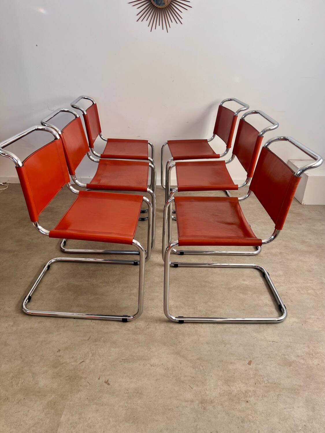 Lot 6 tubular chairs S33 design Mart Stam vintage cognac leather from the 70s