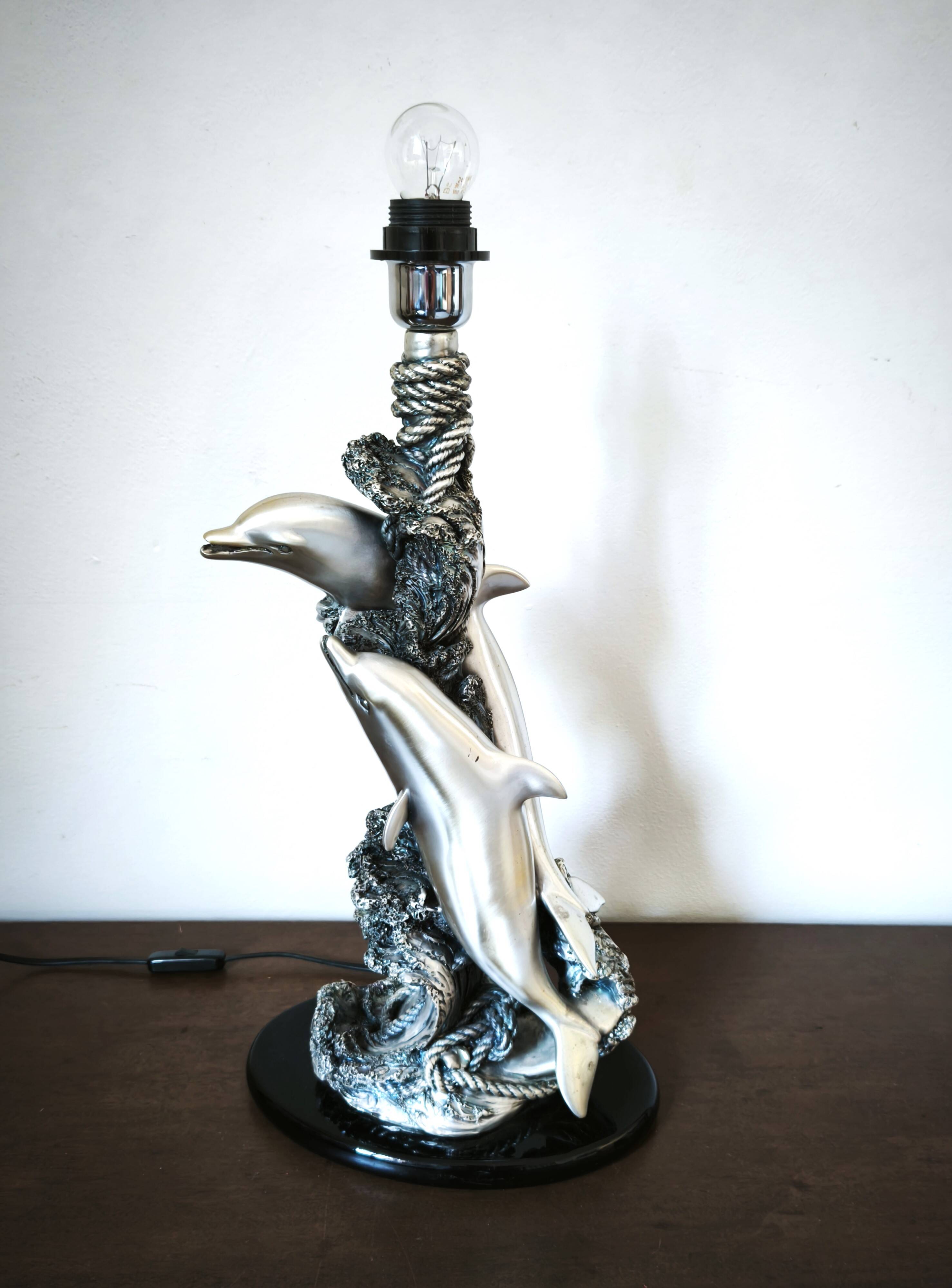 Large sculptural lamp MIDA Argenti silver dolphins Italy