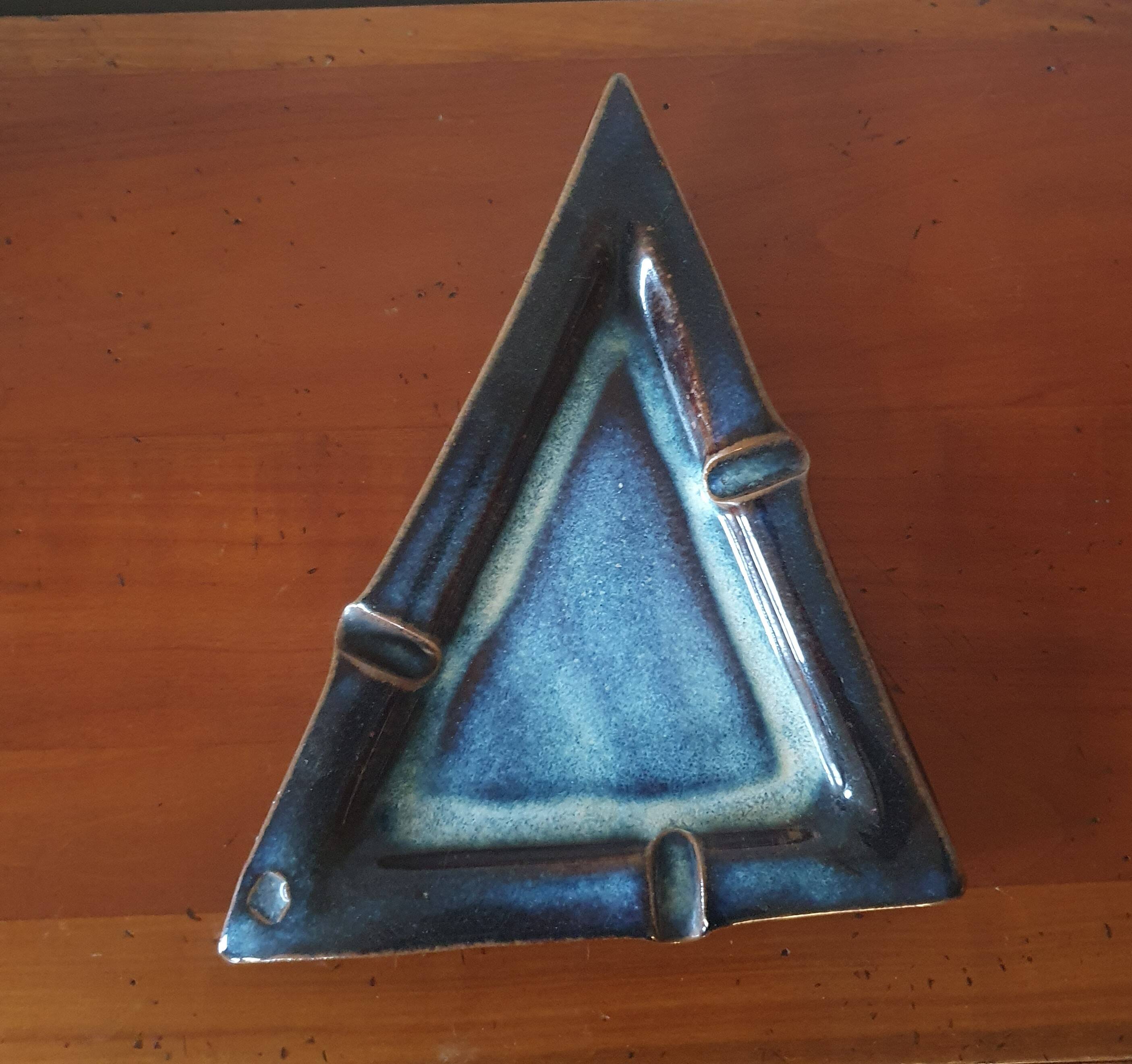 Vintage blue triangle ashtray in glazed stoneware