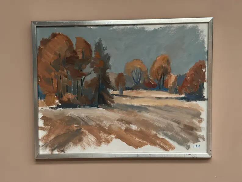 Original Swedish Oil on Canvas – “Red Autumn” by Knut Måsö (1926–2016) – Signed – Vintage & Framed – 57 × 44 cm (22.4" × 17.3")