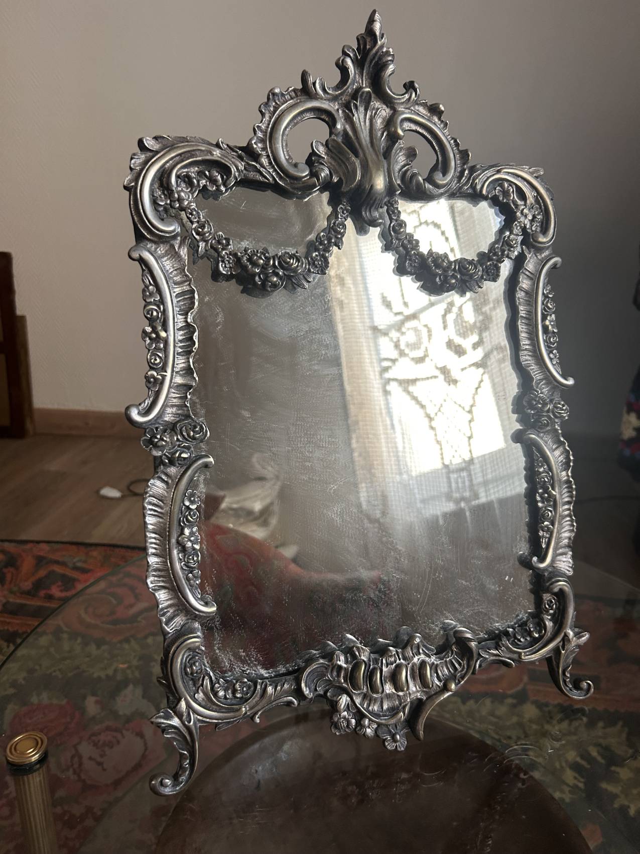 Large silvered bronze table mirror – 19th century – Louis XVI style