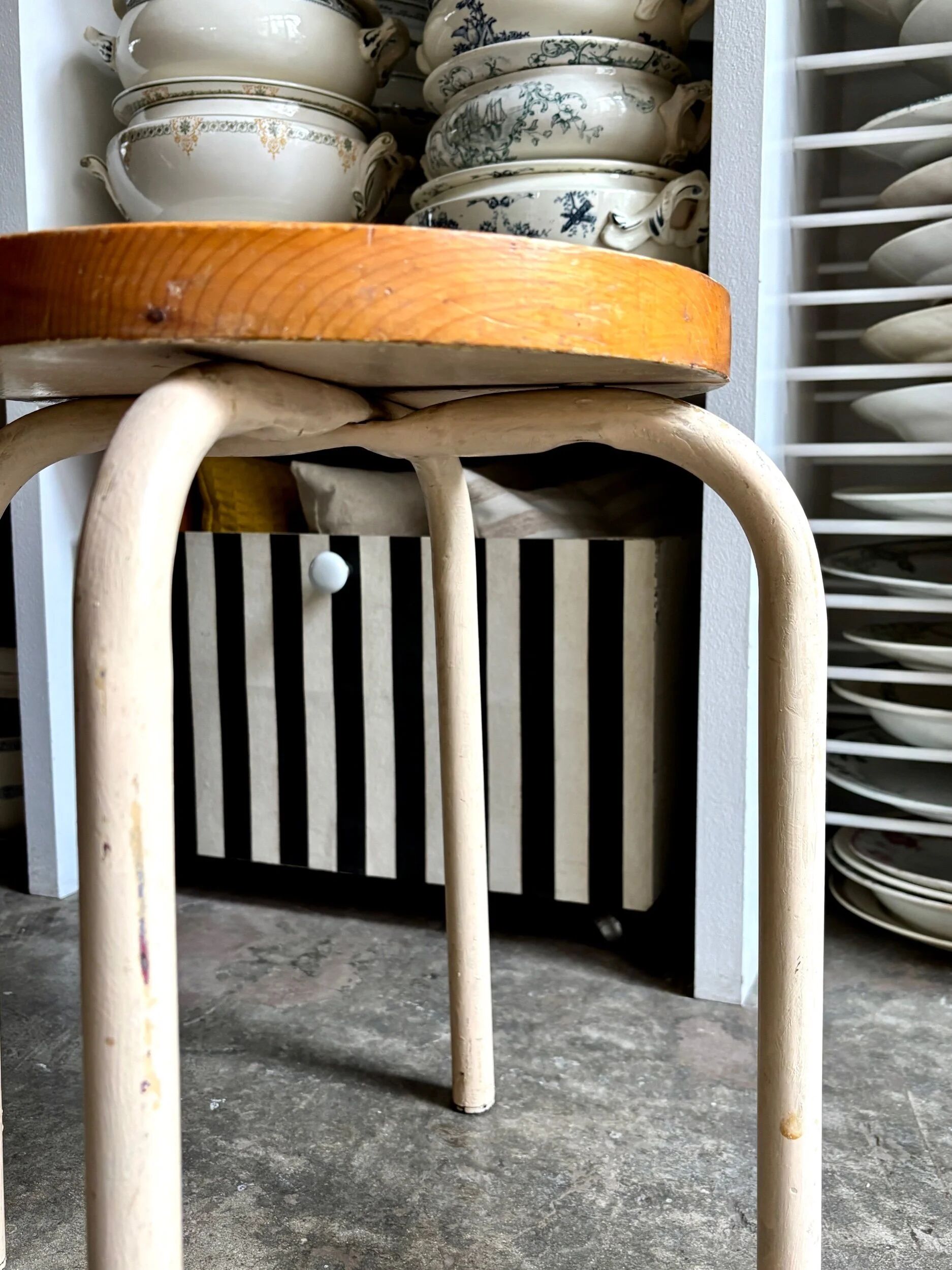 Wood and white metal stool