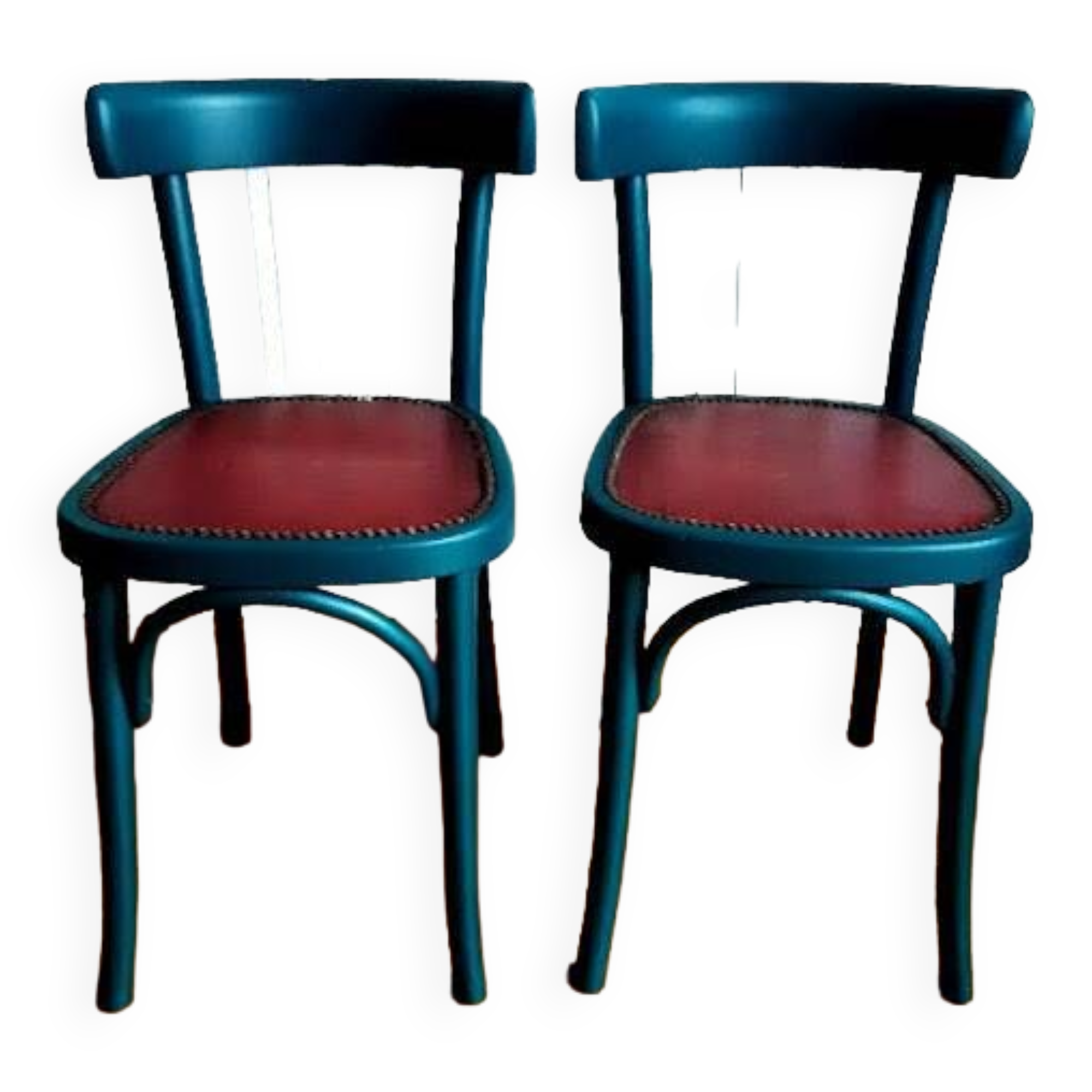 Pair of vintage emerald green bistro wooden chairs