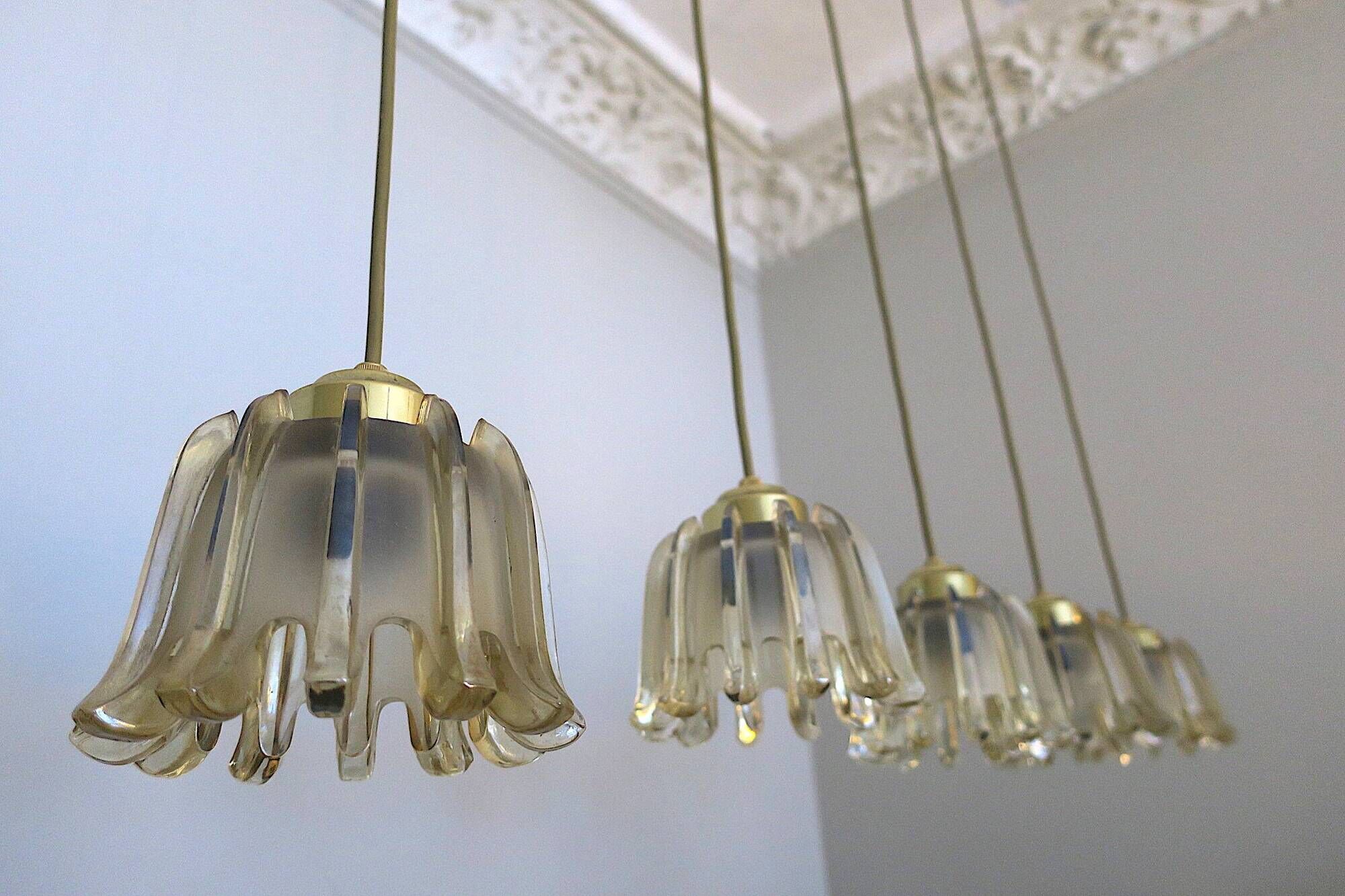 Set of 5 Doria  pendant lights in brass and amber-coloured glass, 1960s