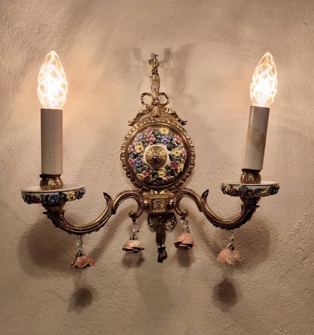 Mid century Spanish Boho ceramic and brass wall light