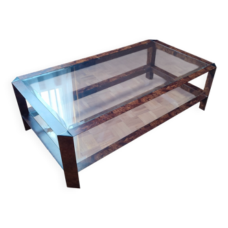 Table basse vintage en loupe d'orme et verre