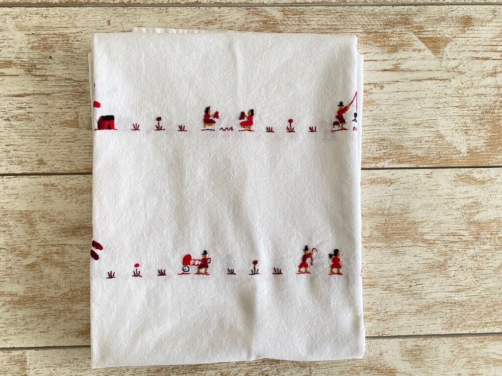 Nappe brodée main de Madagascar  noir, rouge, chocolat -  coton - 234x145 cm