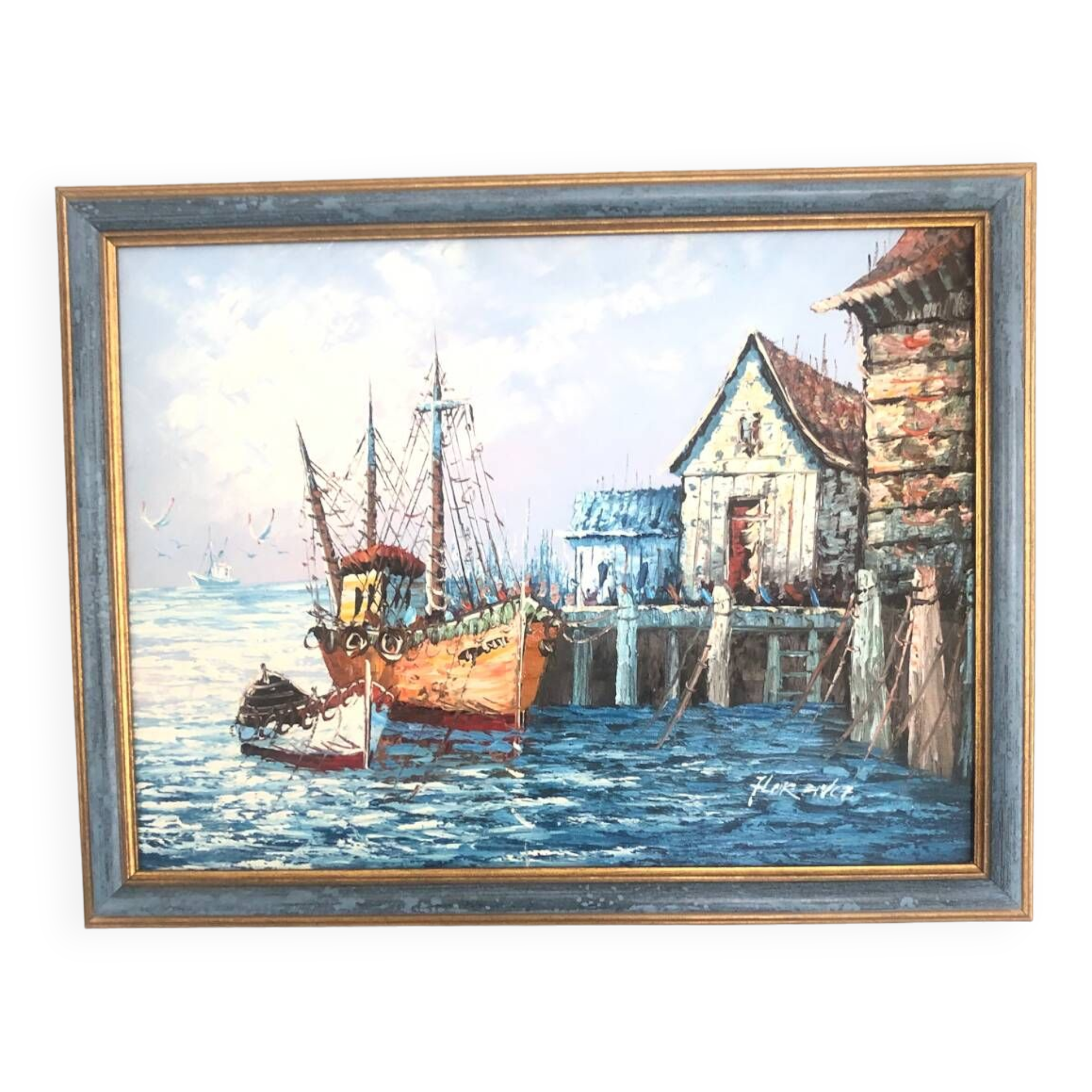 Oil painting on canvas Marine, Boat at the quay signed Florence