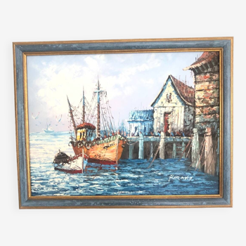 Painting Oil on canvas Marine, Boat at the dock signed Florence