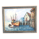 Tableau Huile sur toile Marine, Bâteau à quai signé Florence