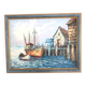 Oil painting on canvas Marine, Boat at the quay signed Florence