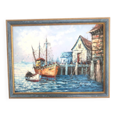 Tableau Huile sur toile Marine, Bâteau à quai signé Florence