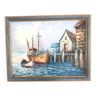 Painting Oil on canvas Marine, Boat at the dock signed Florence