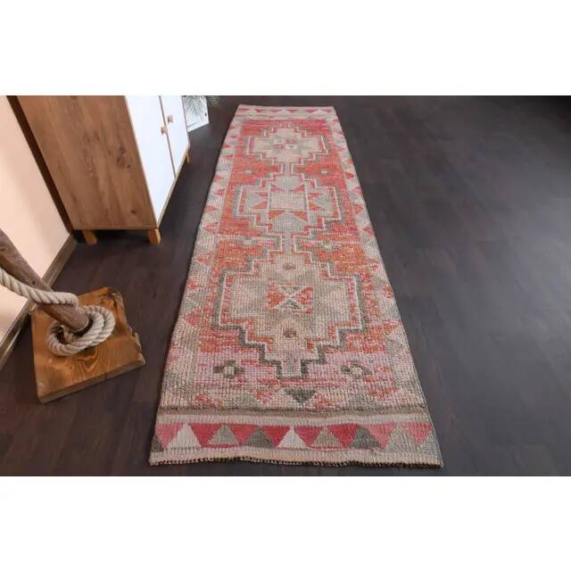 1970s Vintage Turkish Hand-Knotted Wool Cotton Red Runner Rug 90x307