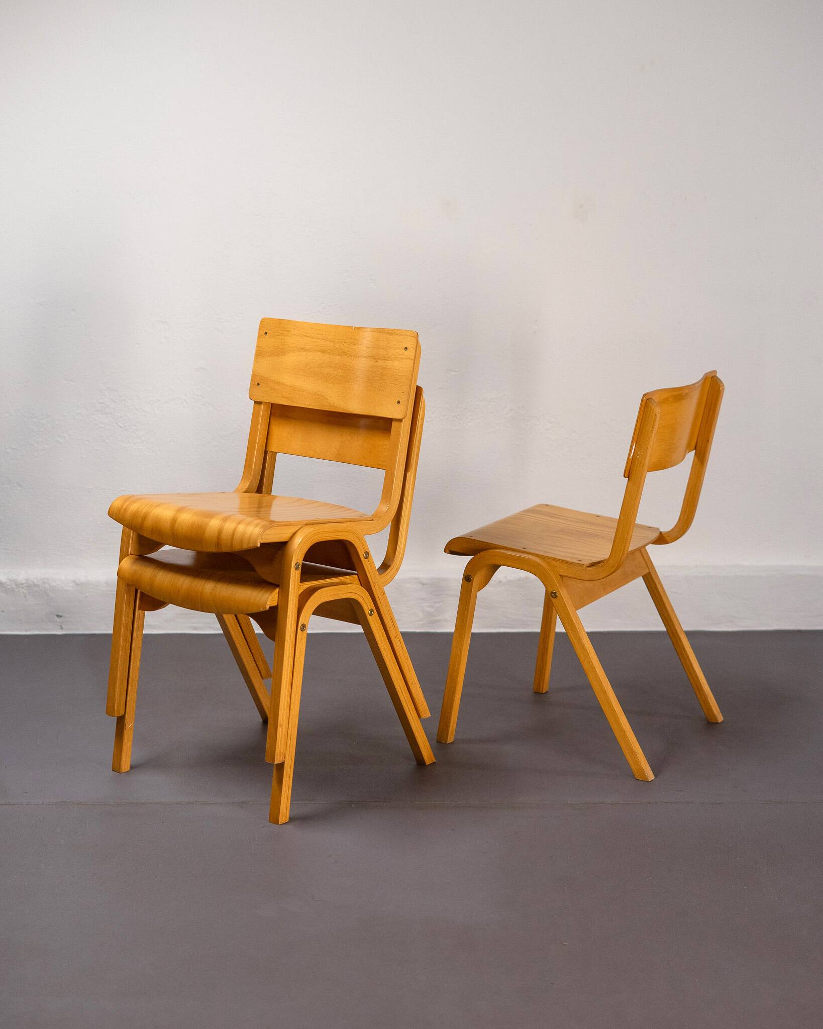 Vintage Stackable School Chairs made of wood and plywood, UK, 1970s