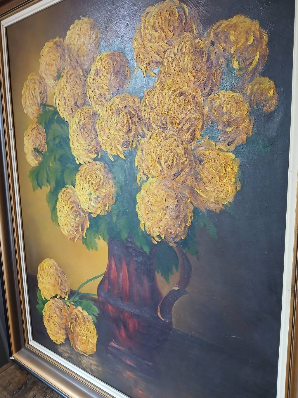 Signed painting - oil painting - bouquet of yellow pompoms