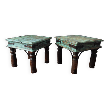 Pair of Balinese bedside tables with patinated end tables