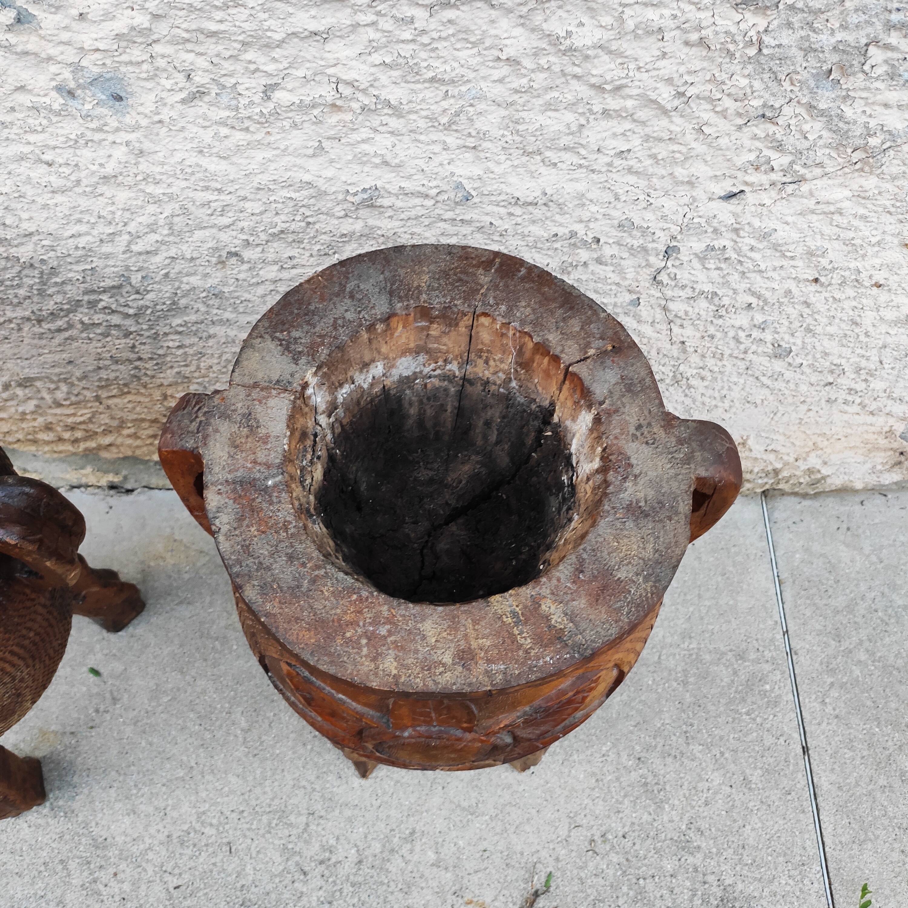 Pair of antique brutalist planters, Savoyard folk art