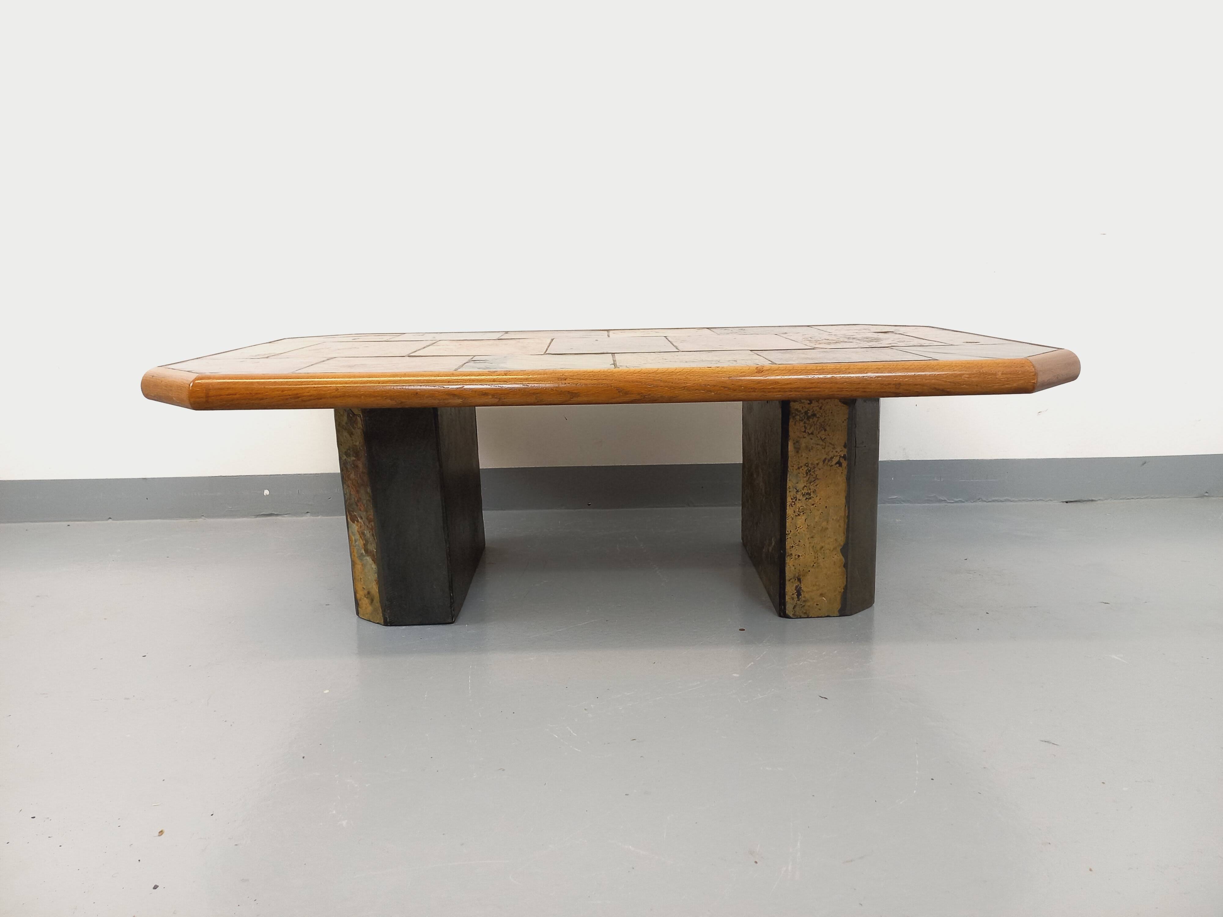 Vintage Brutalist Stone and Oak Coffee Table from the 70s 80s