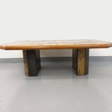 Vintage Brutalist Stone and Oak Coffee Table from the 70s 80s