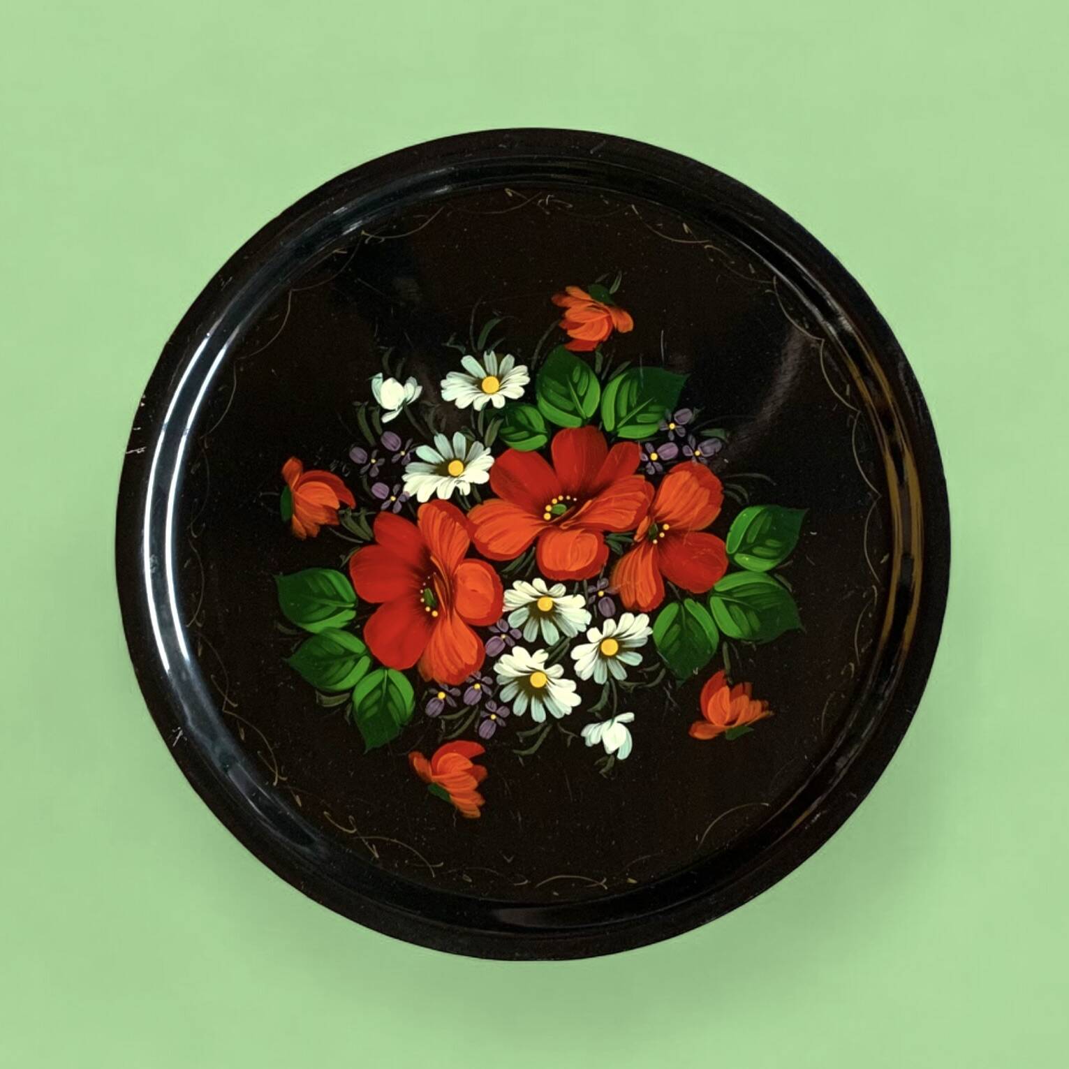 Vintage round tray in enamelled sheet metal - hand-painted floral decoration