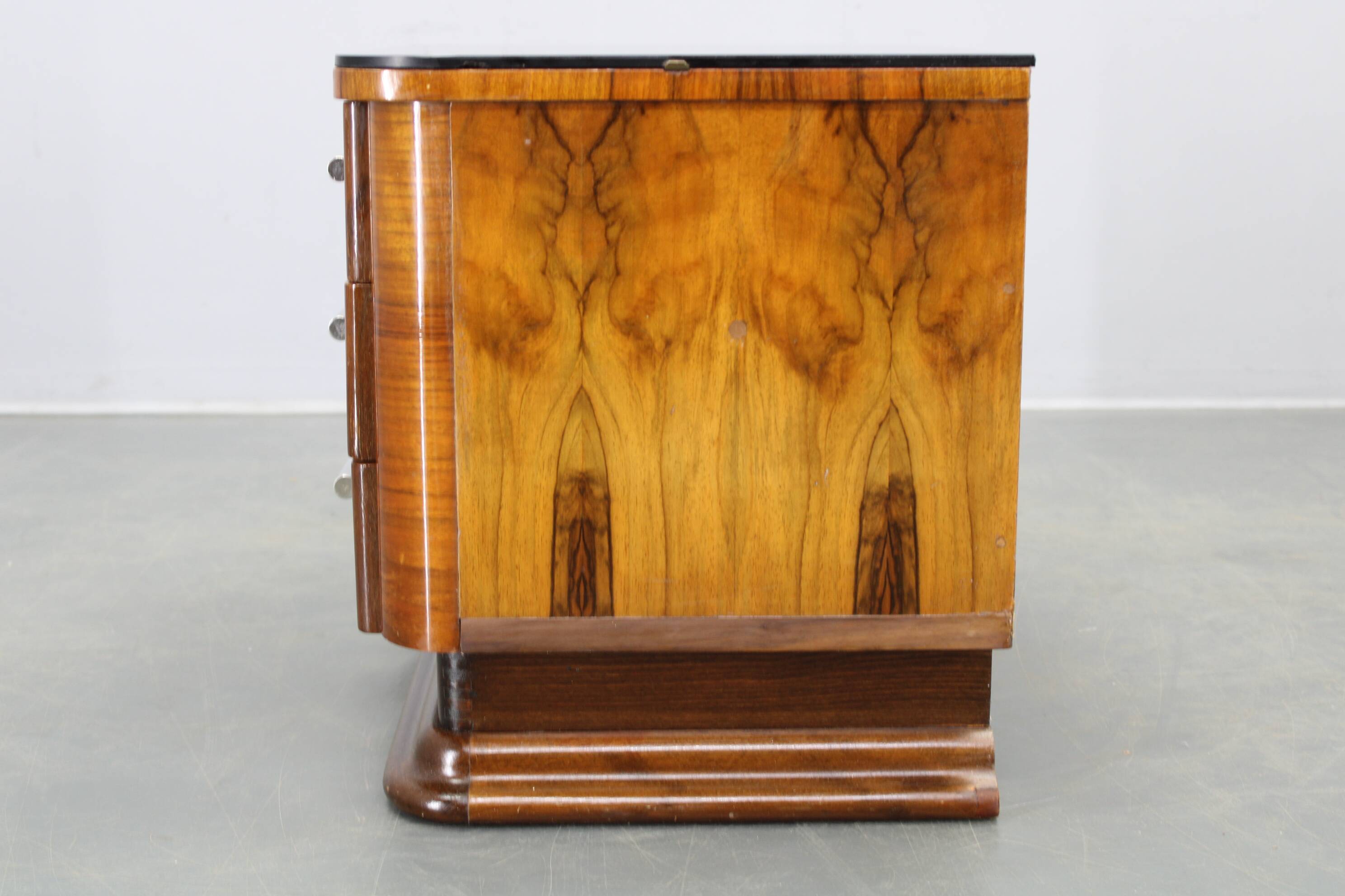 Art Deco walnut nightstand with black opaxite glass, Czechoslovakia 1930s