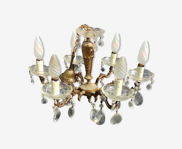 Lustre en bronze pampilles et coupelles en verre