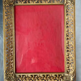 Antique xl metal frame in gold colored brass 29.5 cm x 23 cm convex glass