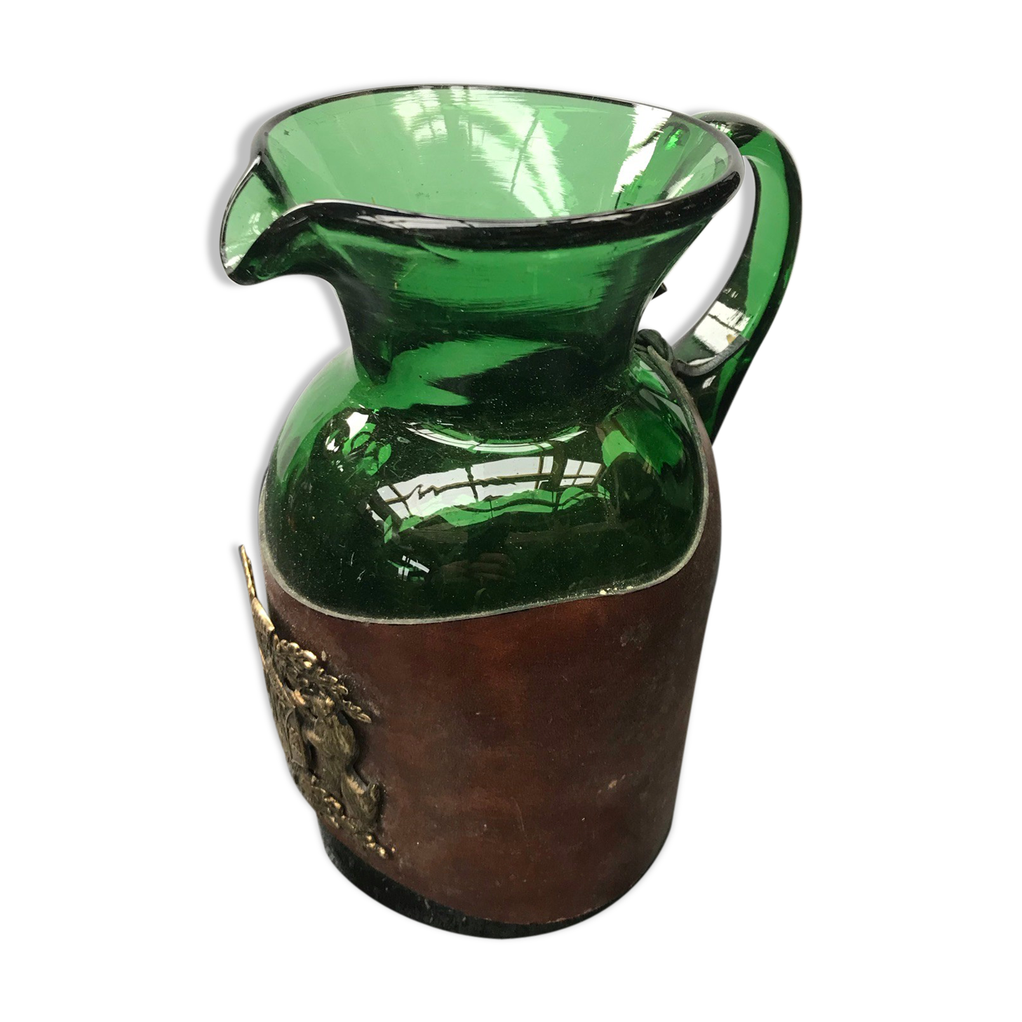 Former Carafe Pitcher Green Blown Glass - Leather - Vintage Kitchen