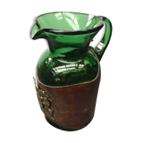 Pichet carafe verre soufflé vert avec cuir & écusson cuisine vintage