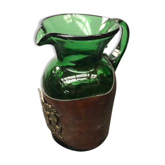 Former Carafe Pitcher Green Blown Glass - Leather - Vintage Kitchen