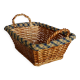 Vintage wicker basket with blue and yellow checkered lining