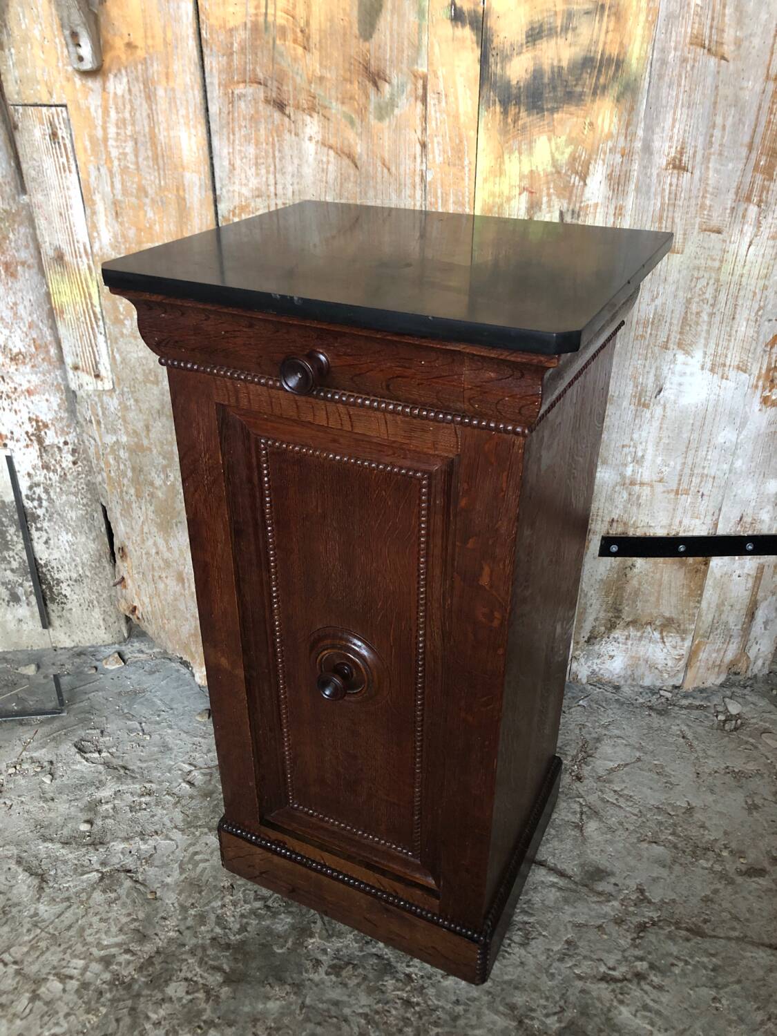 Bedside night table 19th century wood row of beads + black marble top #a637