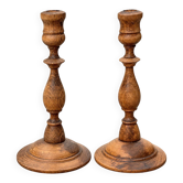 Pair of antique turned wooden candlesticks