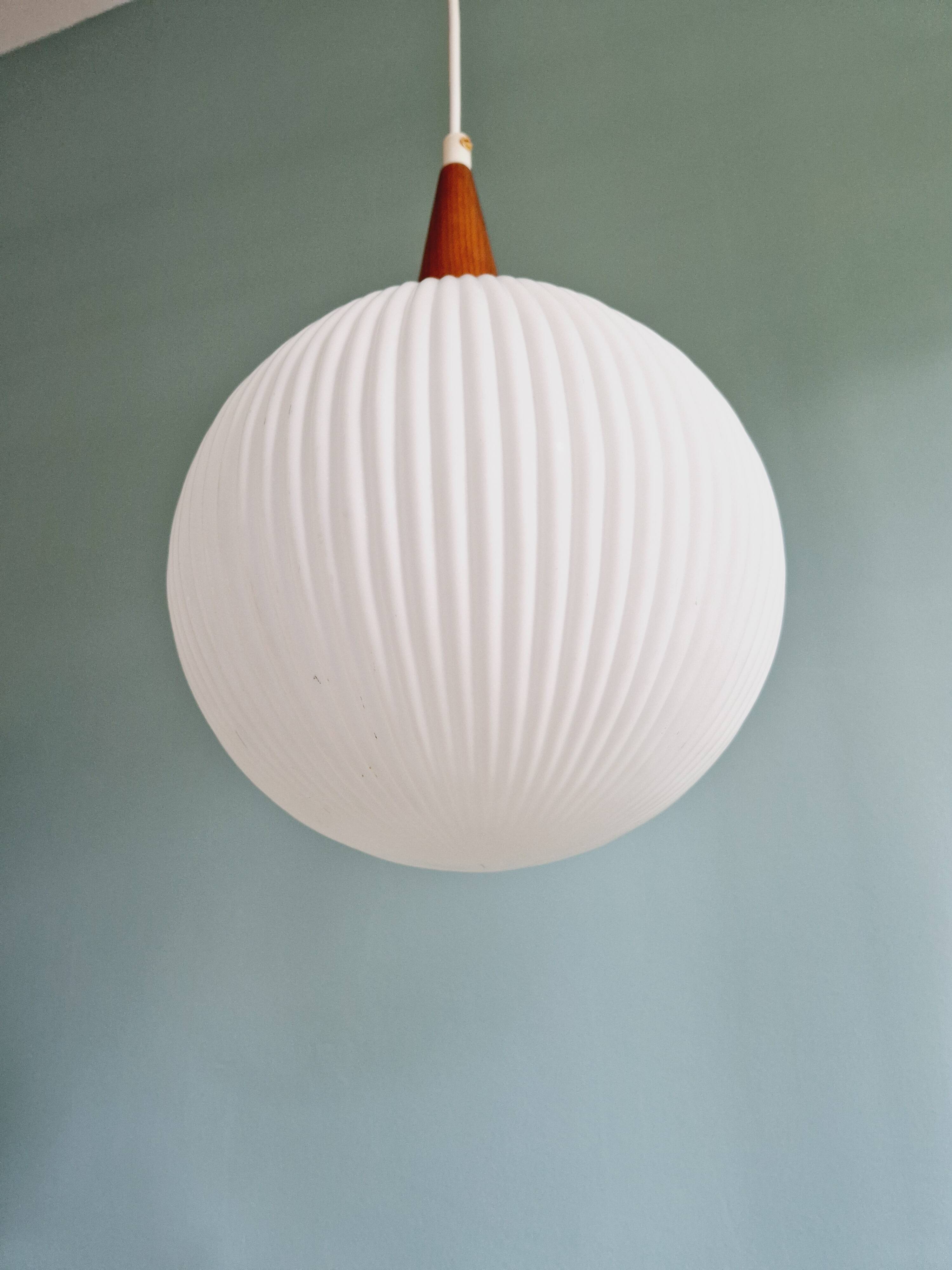 Scandinavian teak and white satin glass pendant light, 1960s