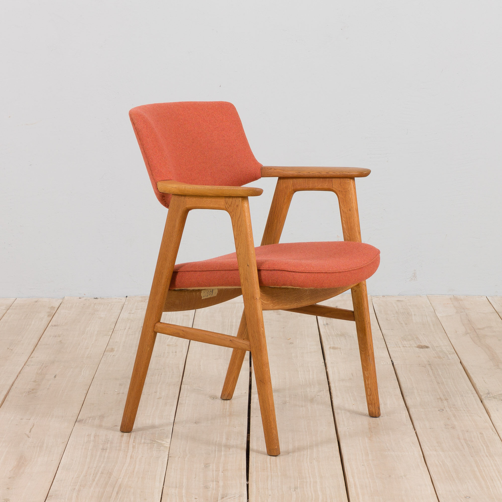 Erik Kirkegaard Oak desk chair in new pale red  wool upholstery.