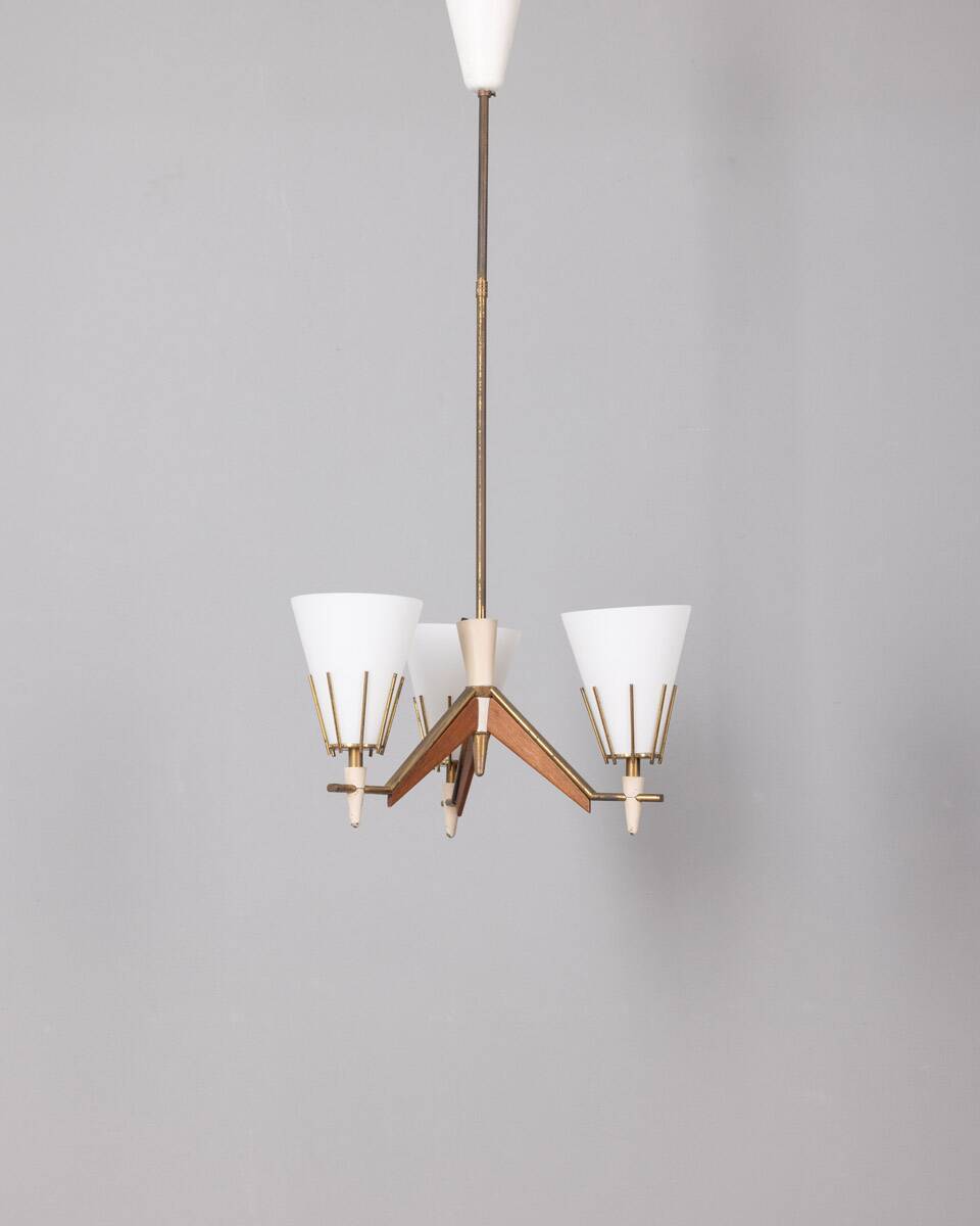 Vintage 50s chandelier in brass, wood and opal glass italian design