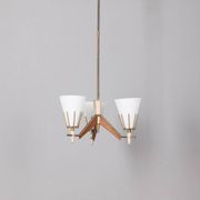 Vintage 50s chandelier in brass, wood and opal glass italian design