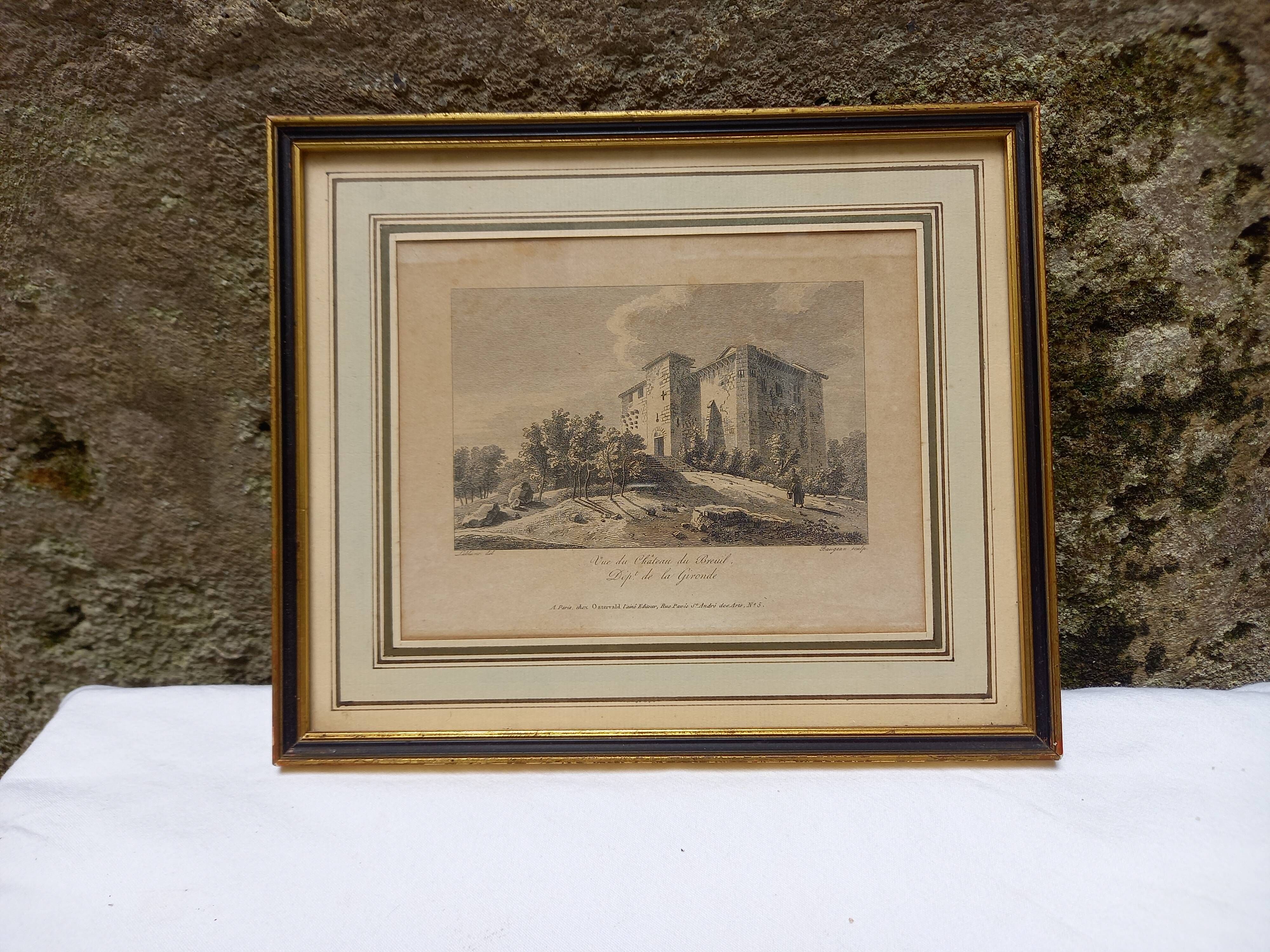 Old engraving, view of the Château de Breuil, Bordeaux castle, Gironde