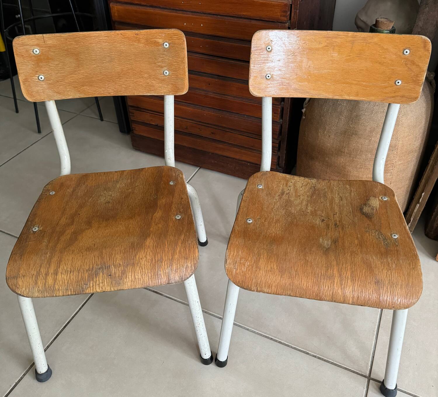 Pair of children's school chairs in wood and metal