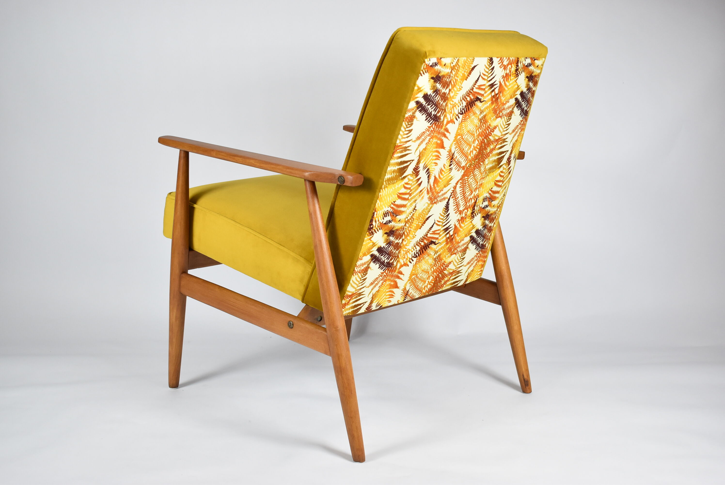 Polish vintage armchair "Fox" designed by H. Lis, fully renovated, 60s, yellow velvet-golden autumn