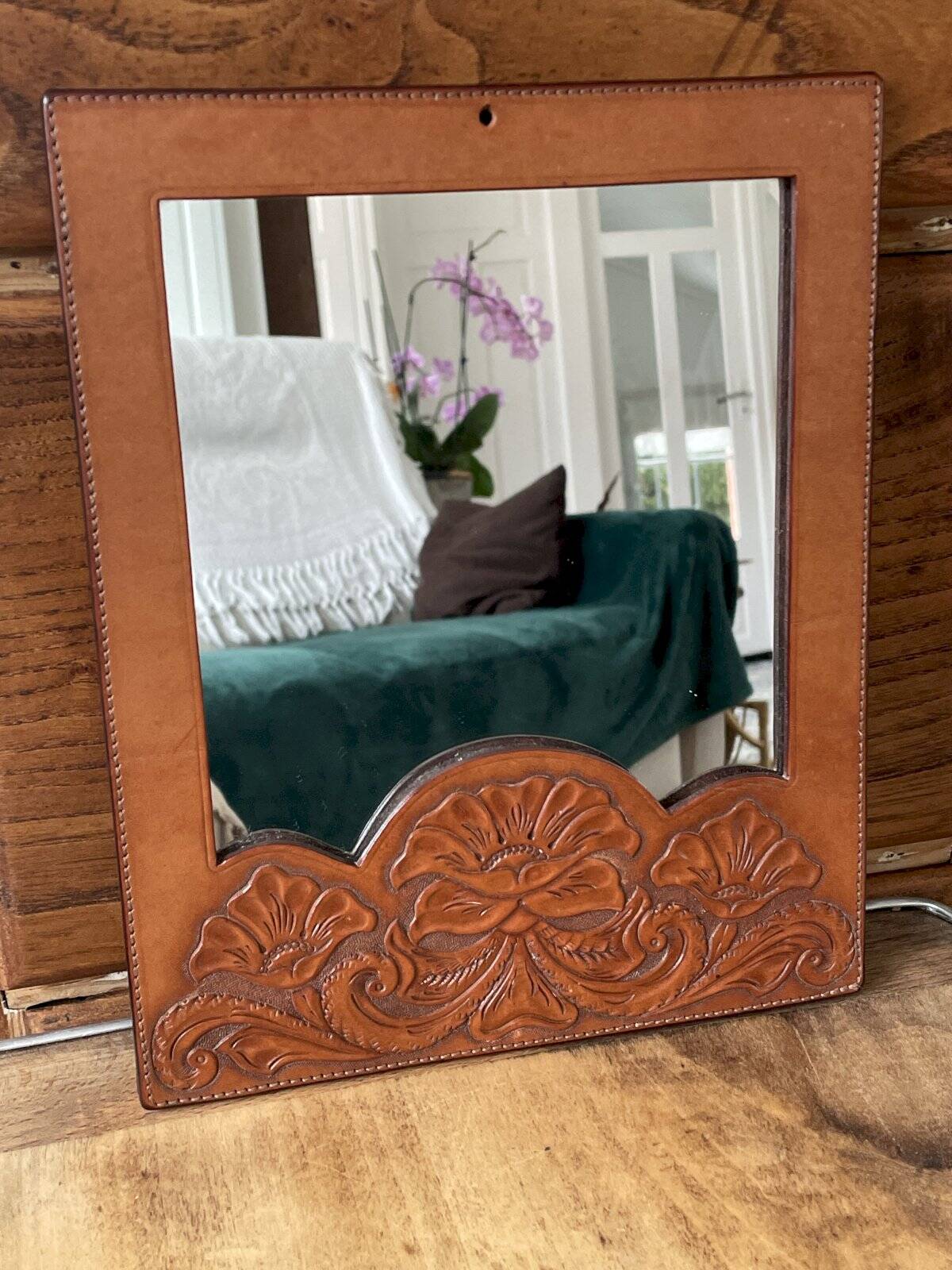 Brown embossed leather mirror