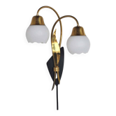 Scandinavian Organic Two Armed Wall Light, Brass and Opaline, 1940-50s