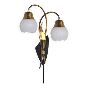Scandinavian Organic Two Armed Wall Light, Brass and Opaline, 1940-50s