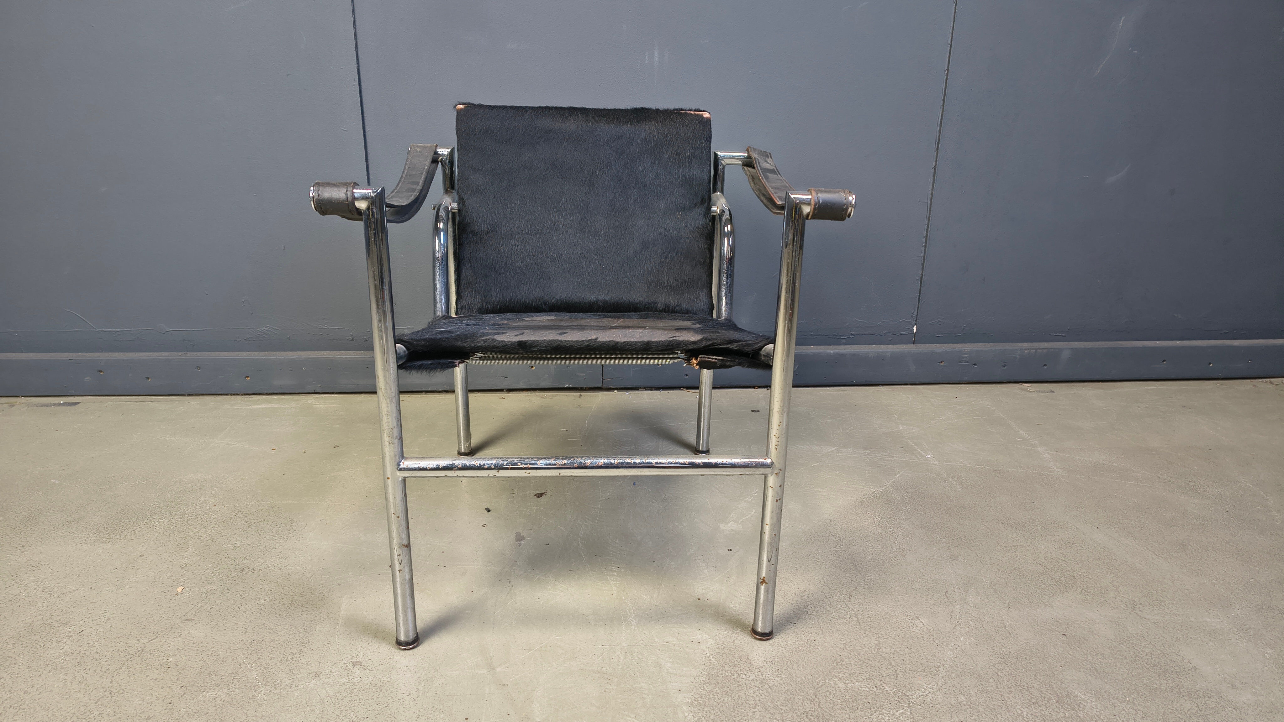LC-1 chair in black ponyskin by Le Corbusier for Cassina 1970s
