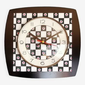 Horloge vintage pendule murale silencieuse "Damier noir blanc fleur"